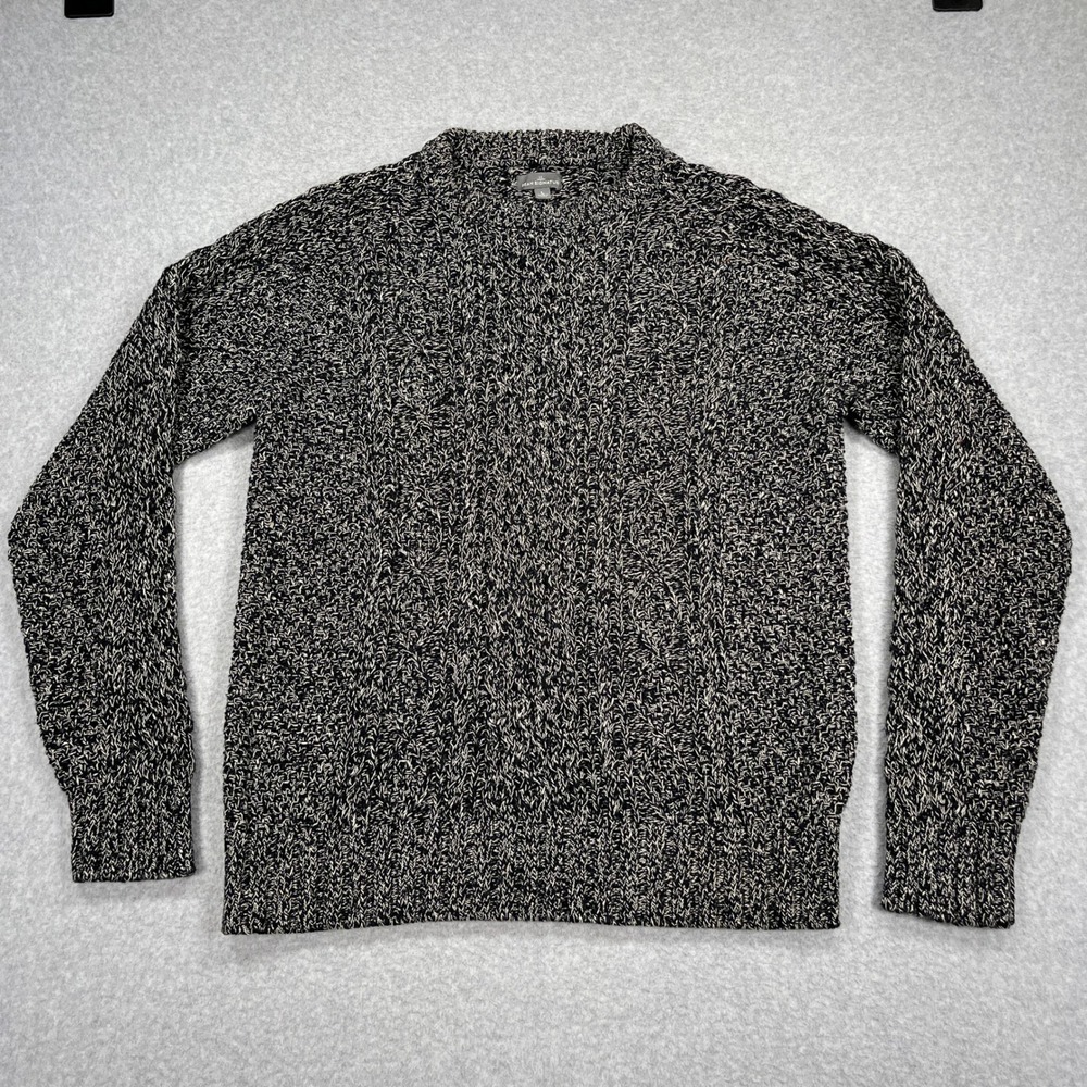 L.L. Bean Signature Cotton Fishermans Sweater Mens Large Black White Cable Knit